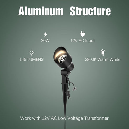 Malibu Low Voltage Landscape Spotlights, 20W Halogen 12V AC Outdoor Black Lighting Kit with Spike Stakes and Connectors