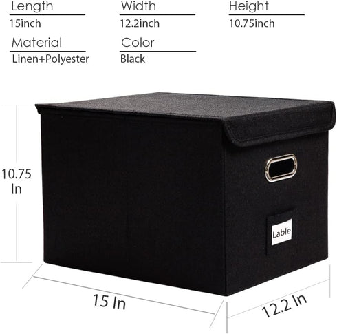 PRANDOM File Organizer Box - Set of 2 Collapsible Decorative Linen Storage with Lids for Office Cabinet (Black)