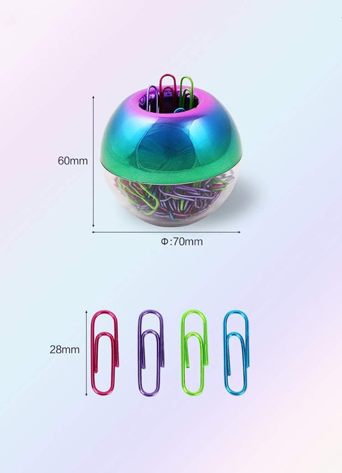 Rainbow Paper Clips Holder - Medium Holographic Paper Clip Dispensers, 100pcs 28mm Colorful Paperclips for Desk