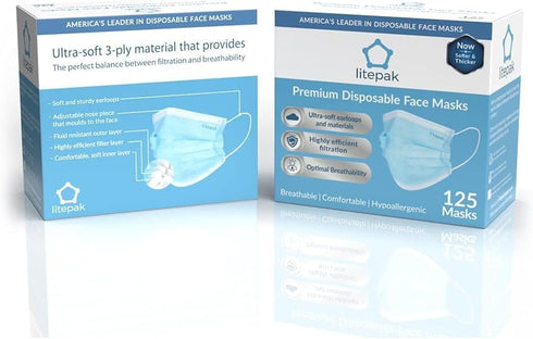 125-Pack Litepak Disposable Face Mask Premium Comfort Earloops with Dispenser Box