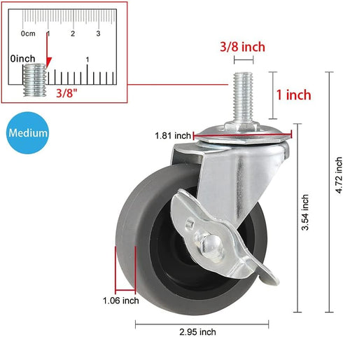 Caster Wheels, 3" Locking Swivel Stem Casters Set with Brake of 4, 3/8"-16 x 1" (Screw Diameter 3/8", Length 1")Rubber Casters with 360 Degree No Noise Wheels