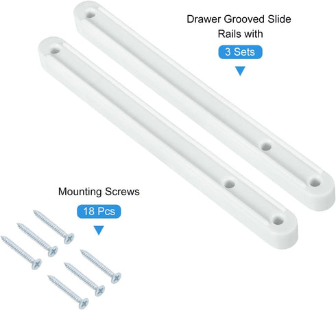 3Set 180mm uxcell Drawer Slides, - Plastic Drawer Rails with Screw, Side Mounted Grooved Guide Rail for Cabinet Drawer