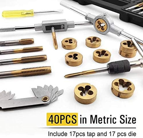 40PCS Set, GCr15 Azuno Metric Tap and Die Titanium Coated Bearing Steel with T-Handle/Wrench/Gauge/Screwdriver