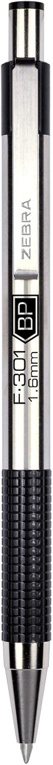 Zebra Pen F-301 Retractable Ballpoint Pen, Stainless Steel Barrel, Bold Point, 1.6mm, Black Ink, 1-Pack