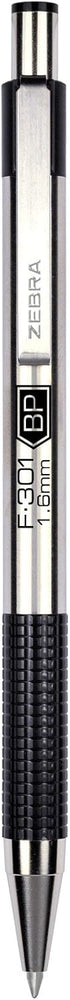 Zebra Pen F-301 Retractable Ballpoint Pen, Stainless Steel Barrel, Bold Point, 1.6mm, Black Ink, 1-Pack