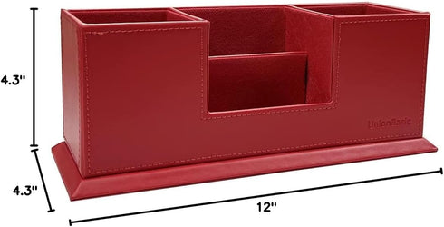 UnionBasic Desk Organizer, Desktop Caddy, Leather Multi-compartment Pen Holder, Office Stationery Organizer, Red