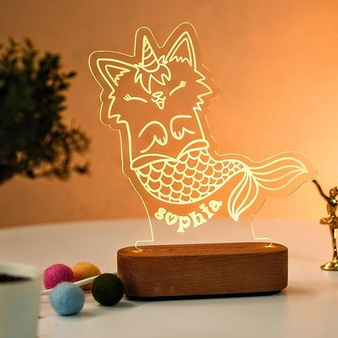 Personalized LED Night Light Custom Engraved Kawaii Animal Mermaid Lamp with Name Cute Unicorn Cat & Fox Light Kids