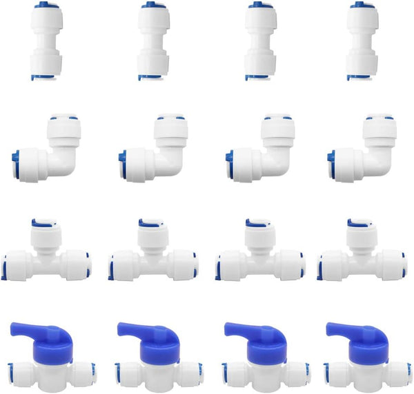 Beduan Water Push to Connect Quick Connect Fitting 1/4" Tube OD for RO Water Reverse Osmosis System (Pack of 16)