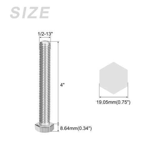 Hex Bolts (1/2-13x4") 10Pcs, 304 Stainless Steel Fully Threaded Hex Head Screws for Furniture Repair, Silver