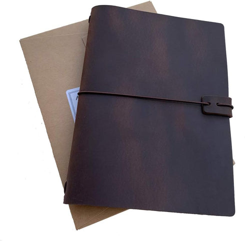 Refillable Leather A5 Travelers Notebook - Dark Brown Travel Journal with Lined Insert, 8.5 x 5.5 Inches