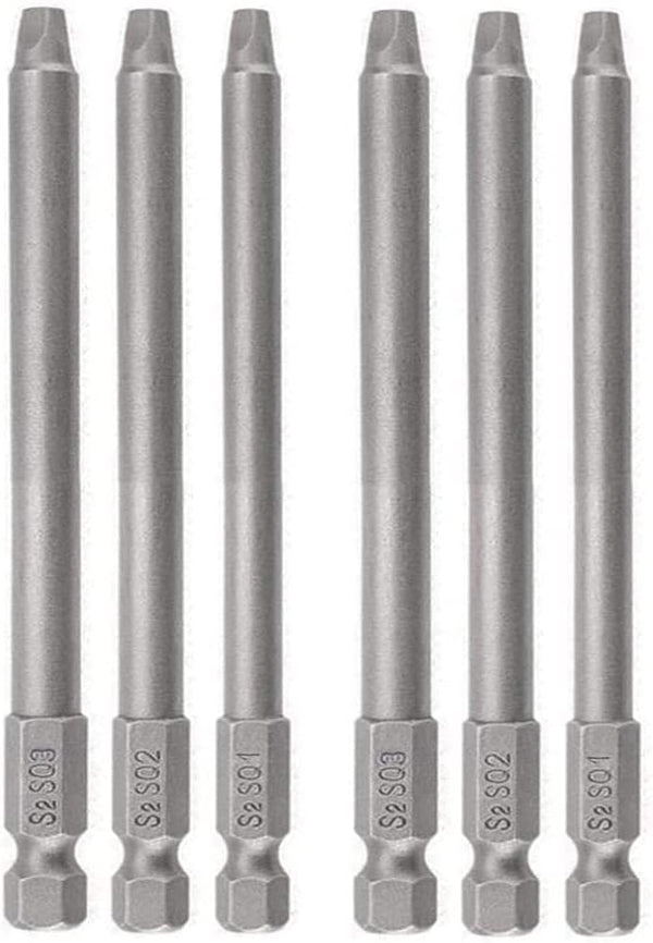 6Pcs 1/4 Inch Shank Long Magnetic Square Head Screwdriver Bits Set for Power Tools SQ1 SQ2 SQ3 (100mm)