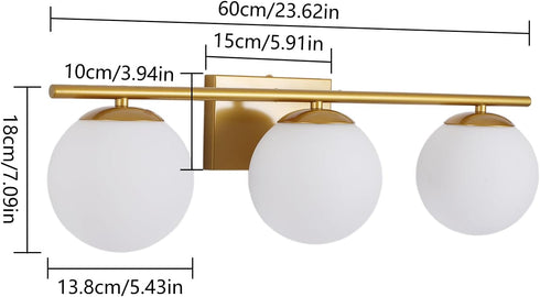 lxrnqcey 3-Light Bathroom Light Fixtures, Brushed Gold Vanity Light with Globe Milk Glass Shade, Modern Wall Sconces