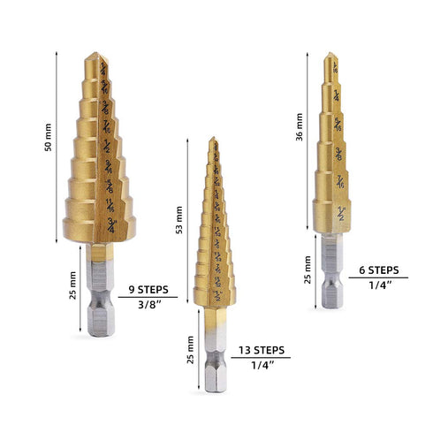 Aleric Step Drill Bit Set, Titanium Coated, High Speed Steel Cone Bits for Sheet Metal Hole Drilling, 3pcs
