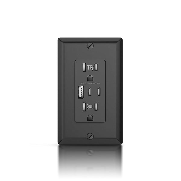 Black 3-Port USB C Wall Outlet, 15 Amp Duplex Tamper-Resistant Receptacle with USB C & A Ports, UL Listed