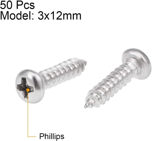 uxcell 3x12mm Self Tapping Screws Phillips Pan Head, 316 Stainless Steel Fasteners, 50Pcs