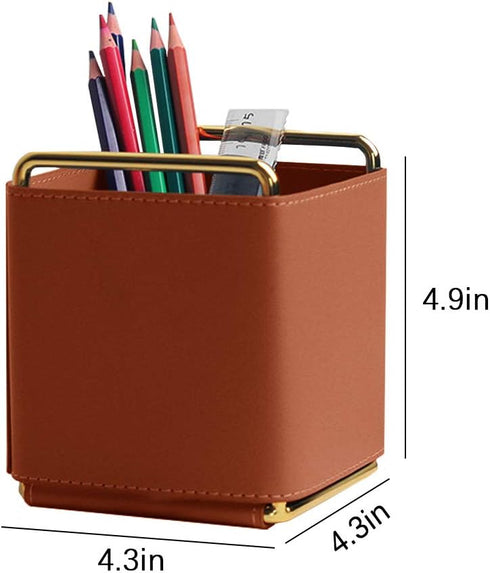 Leather Pencil Holder Desktop Organizer, Iron Art Makeup Brush Remote Control Storage Box for Desk, Brown