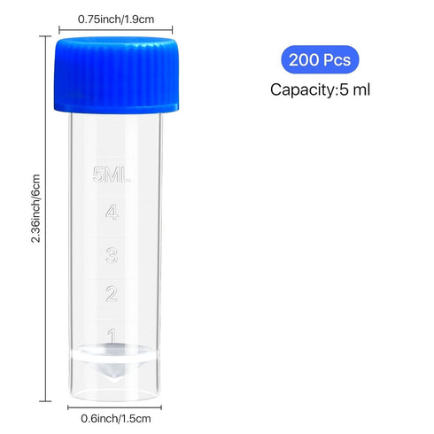 5ml Lab Plastic Frozen Test Tubes, 200PCS Self-Standing Cryo Vial with Screw Caps for Long Term Freezing