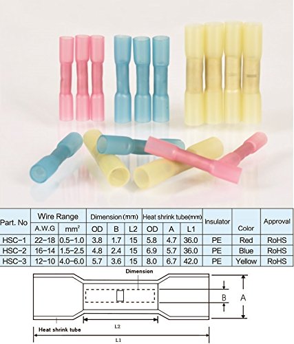 HSC Heat Shrink Wire Connector Kit, Electrical Insulated Crimp Terminals Set (90 Red, 60 Blue, 30 Yellow)