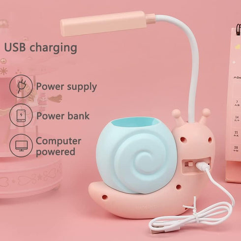 Cute Kids Lamp with Pen Holder, Snail Shape LED Desk Lamp, USB Charging Eye Protection Lamp with 360 Bendable Neck