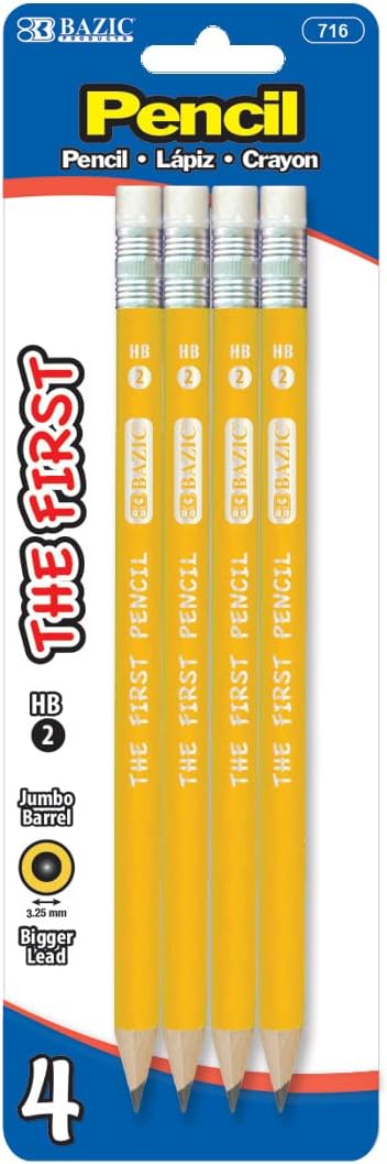 BAZIC Pencil Wood Pre-Sharpened #2 HB Jumbo Pencils, Premium Yellow Pencils with Latex Free Eraser for School Office