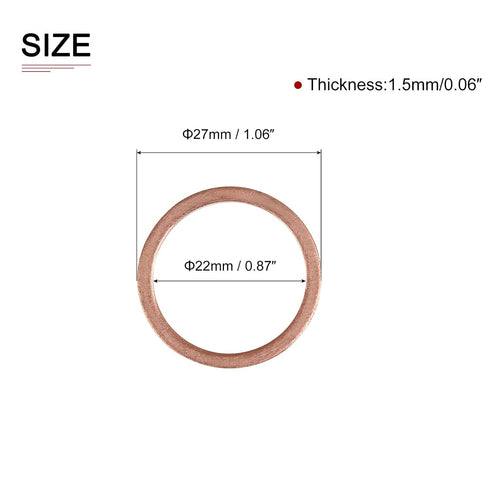 22mmx27mmx1.5mm(IDxODxT) Flat Copper Sealing Washers - 5Pack - Good for Industrial Machinery M22 Screws - Copper Flat Ring Gaskets