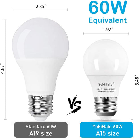 YukiHalu A15 Appliance Light Bulb, 60W Equivalent, 600 Lumens, 7W 120V, 2700k Soft White, Waterproof, E26 Base, 2-Pack