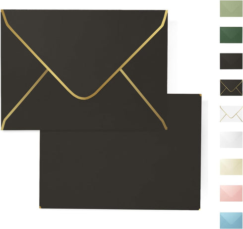 Black 5x7 Envelopes 50 Pcs, Goefun A7 V-Flap Envelopes with Gold Border for Baby Shower, Graduation, Announcements