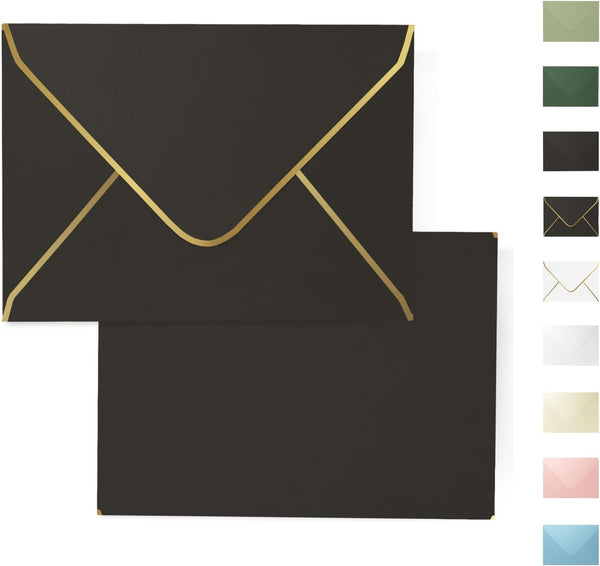 Black 5x7 Envelopes 50 Pcs, Goefun A7 V-Flap Envelopes with Gold Border for Baby Shower, Graduation, Announcements
