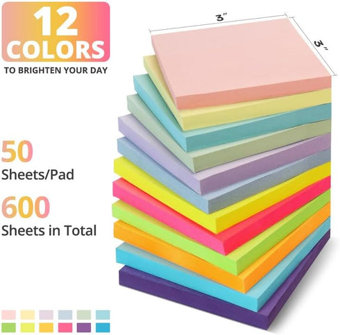 Sticky Notes, 12 Pads, 3x3 inches, Colorful Self-Stick Note Pads, Perfect for Office, Study, and Daily Life Organization - Soft Pastel by Taja