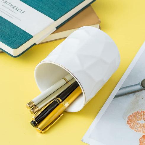 Ceramic Irregular Round Pen Holder, Cute Stand Gold Line Pencil Cup Pot, Desk Organizer for Girls Makeup Brushes, White