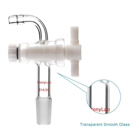 StonyLab Vacuum Flow Control Adapter with PTFE Stopcock - 14/20 Joint and Bent Hose Connection for Lab Supply