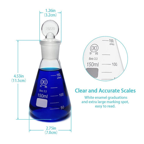 3pcs Glass Erlenmeyer Flask Set, 50ml 150ml 250ml with Stopper, Borosilicate, Narrow Mouth, Printed Graduation