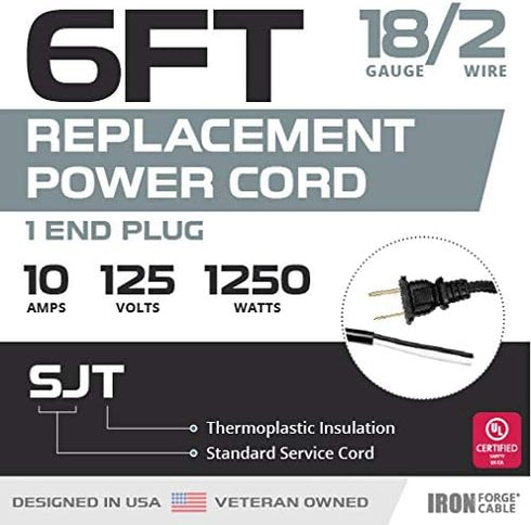 Iron Forge Cable 18 AWG Replacement Power Cord with Open End - 6 Ft Black Extension Cable 2 Prong, 2 Wire 18/2 SJT