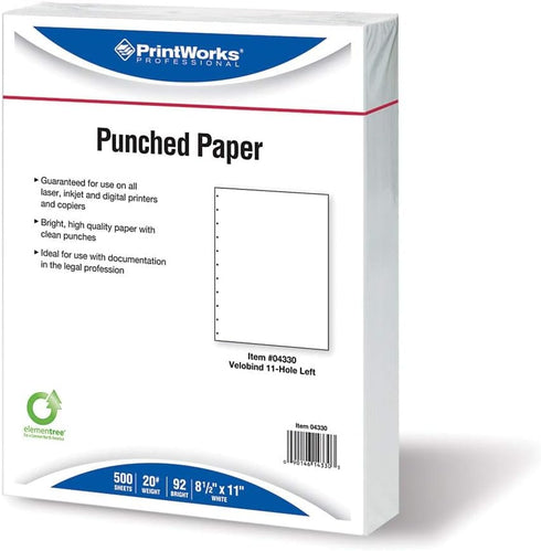 PrintWorks Professional Prepunched Paper, 8.5 x 11, 20 lb., Velobind 11 Pin or Velobind 4 Pin Report & Presentation Paper, 500 Sheets, White (04330) by PrintWorks