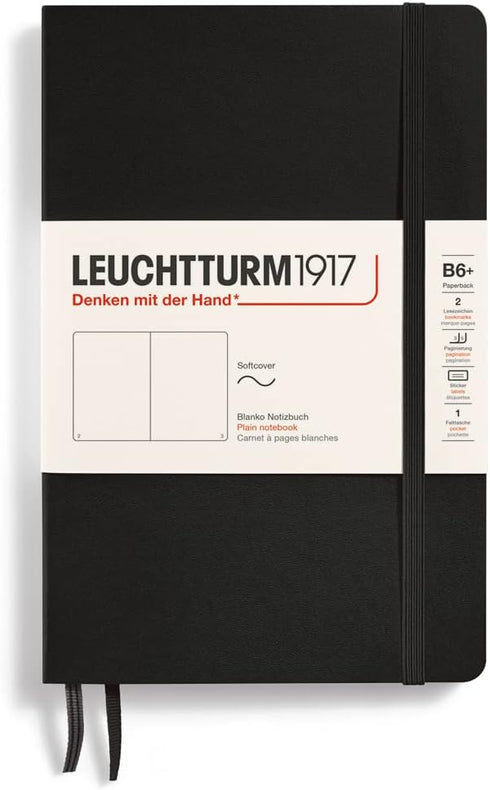 LEUCHTTURM1917 Softcover Notebook, B6+, 123 Numbered Pages for Writing and Journaling, Plain, Black