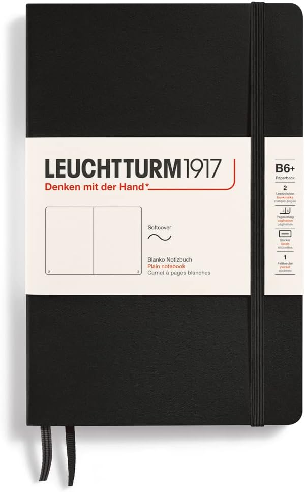 LEUCHTTURM1917 Softcover Notebook, B6+, 123 Numbered Pages for Writing and Journaling, Plain, Black