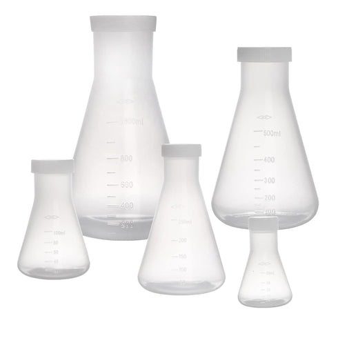 Peohud Set of 10 Scientific Plastic Erlenmeyer Flasks with Screw Caps - Lab Flask Set (50ml, 100ml, 250ml, 500ml, 1L)