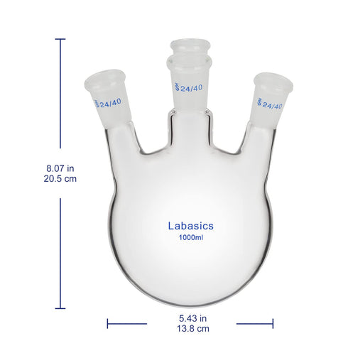 4 Neck Round Bottom Flask RBF, Heavy Wall Borosilicate Glass, 1000 ml, 4 Bevel Necks, 24/40 Joint