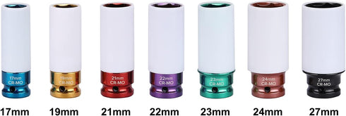7PCS 1/2" Set, Set-17mm, 19mm, 21mm, 22mm, 23mm, 24mm, 27mm EMENTOL Drive Thin Wall Deep Wheel Protector Impact Socket