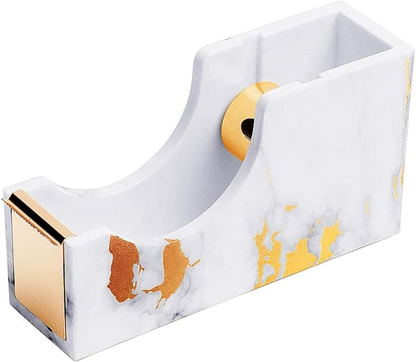 White Marble Texture Tape Dispenser, Gold Line Holder, Non-Skid Base, Adhesive Roll Cutter