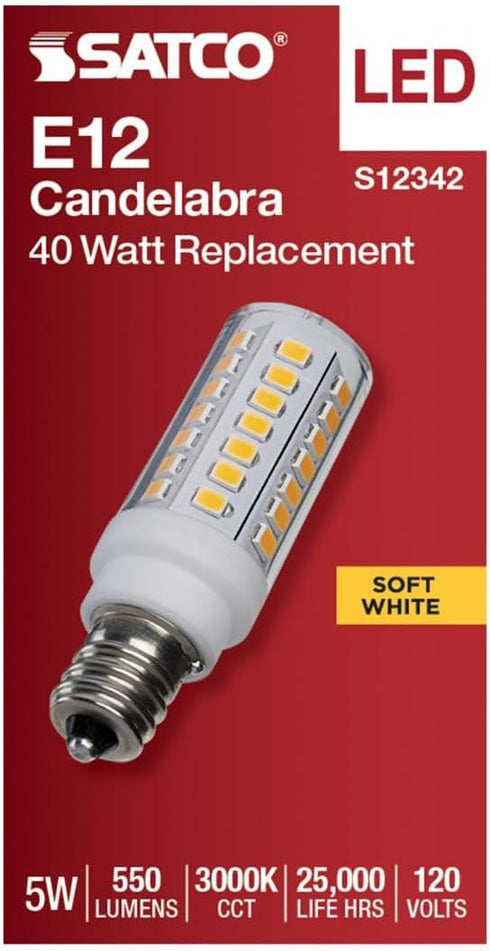 Satco 5W T6 Bulb, 3000K 120 Commercial, LED Mini Candelabra Clear Finish, Soft White, Volt, Residential Indoor Enclosed