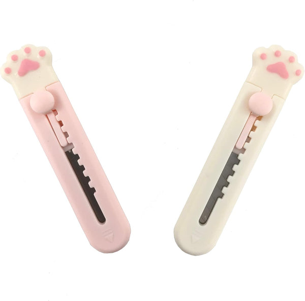 Kawaii Cat Paw Box Cutter, 2 pcs Mini Pocket Knife and Letter Opener for Cat Lovers, White Pink & White