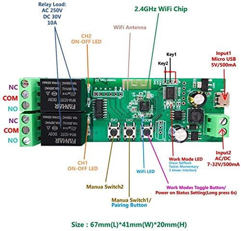 2-Channel WiFi Smart Switch Relay Module, TUYA/Smart Life App for Smart Home Remote Control