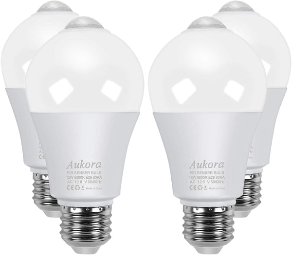Aukora 4-Pack Motion Sensor Light Bulbs, 12W (100W Equivalent) E26, Dusk to Dawn Security Bulb, Cold White