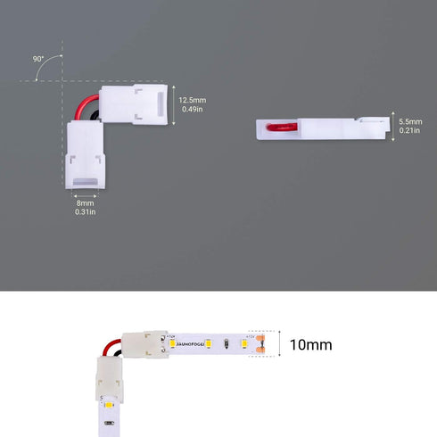 2 Pin 10mm L Shape LED Strip Light Connector Solderless Gapless Clips for Right Angle Corner, 90 Degree Connection