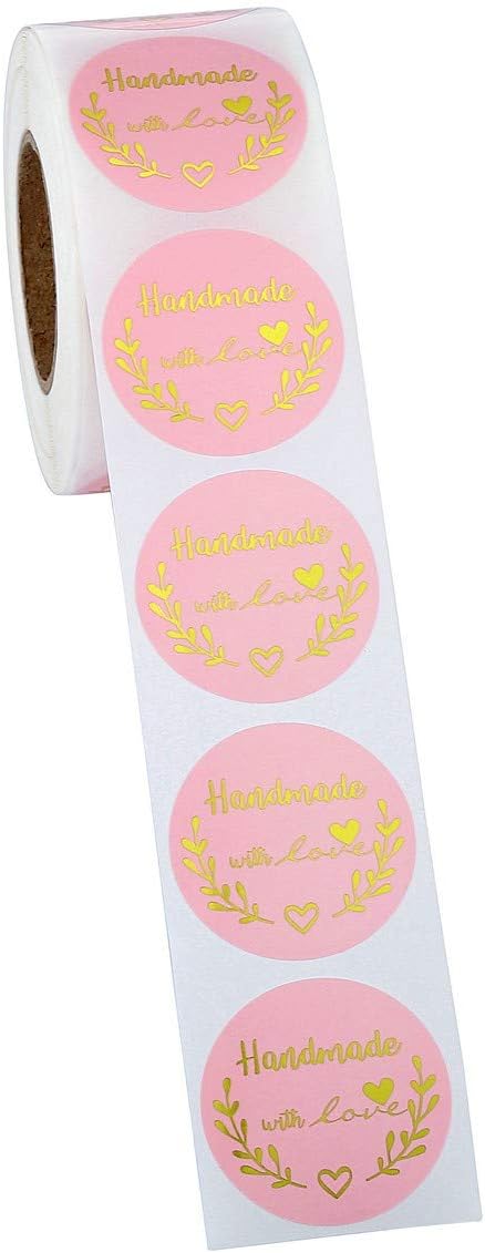 Yoption 1.5 Inch Round Handmade with Love Stickers - Pink for Packaging, 500 Labels per Roll