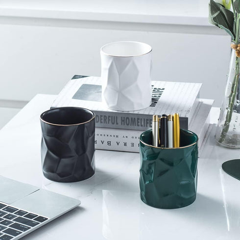 Ceramic Irregular Round Pen Holder for Desk, Cute Stand Gold Line Pencil Cup Pot Organizer for Girls Makeup