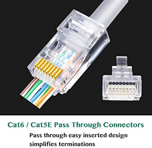 RJ45 CAT6 Pass Through Connectors 100 Pack - Easy and Fast Termination - Gold Plated 3 Prong 8P8C Modular Ethernet UTP Network Cable Plug End for Cat6 Cat5e by Kinoth