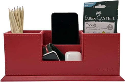 UnionBasic Desk Organizer, Desktop Caddy, Leather Multi-compartment Pen Holder, Office Stationery Organizer, Red