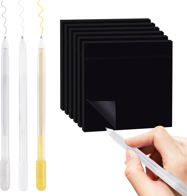 Sticky Notes 3 x 3 Inches, 6 Pads Black Self-Stick Notes, 50 Sheets/Pad, White Gold and Silver Gel Pens for Office